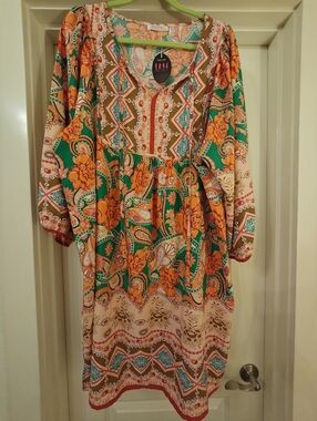 Vibrant Floral Green & Orange Boho Dress